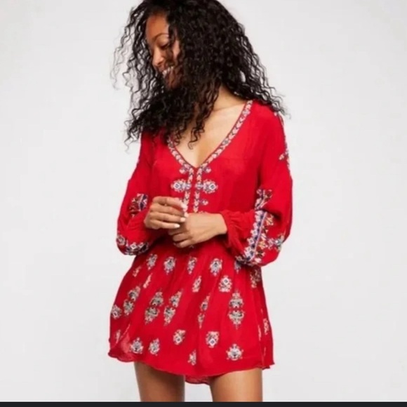 Free People Tops - Free People Red Arianna Embroidered Tunic/ Dress size XS